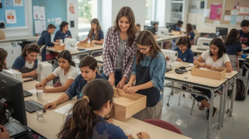 Students learning practical hands-on skills in a technology and livelihood education classroom.