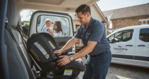 Technician from The Capsule King fitting a child car seat securely in a family SUV interior.