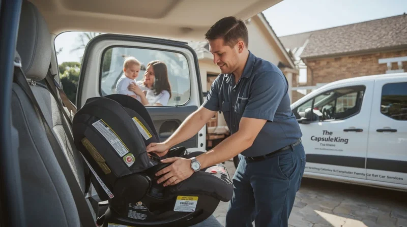 Technician from The Capsule King fitting a child car seat securely in a family SUV interior.