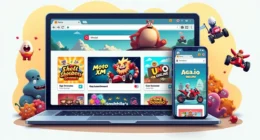 Top browser games on laptop and phone screens with game icons around.