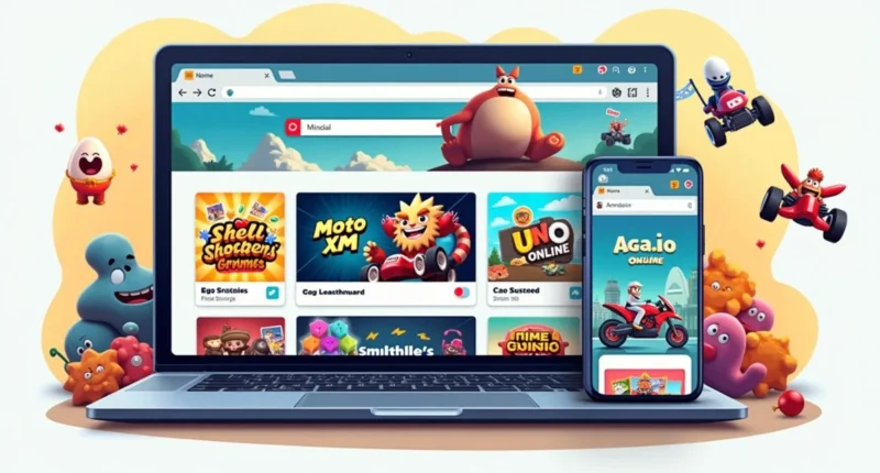 Top browser games on laptop and phone screens with game icons around.