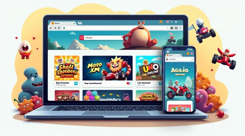 Top browser games on laptop and phone screens with game icons around.