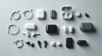 Top view of different small earphones with cases and ear tips on a table.