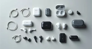 Top view of different small earphones with cases and ear tips on a table.