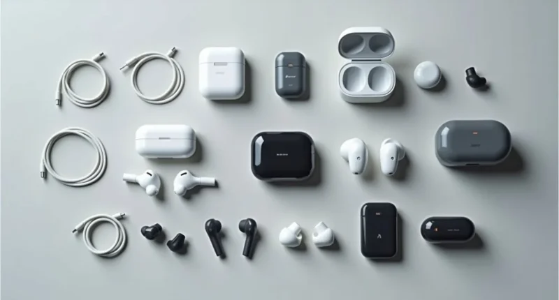 Top view of different small earphones with cases and ear tips on a table.