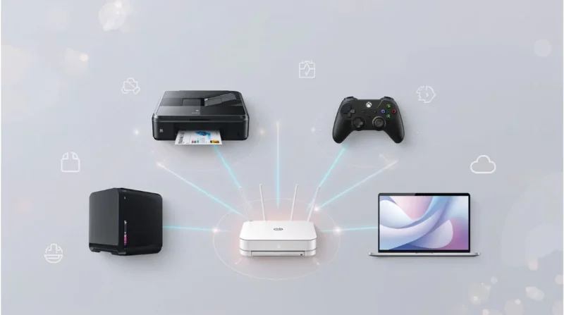 Smart devices auto-connecting via universal PnP to a home Wi-Fi network.