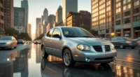 Front angle of a silver Pontiac Vibe automobile parked on a sunny street