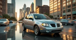 Front angle of a silver Pontiac Vibe automobile parked on a sunny street