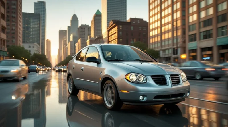 Front angle of a silver Pontiac Vibe automobile parked on a sunny street