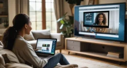 Person casting laptop screen to a large TV in a cozy living room