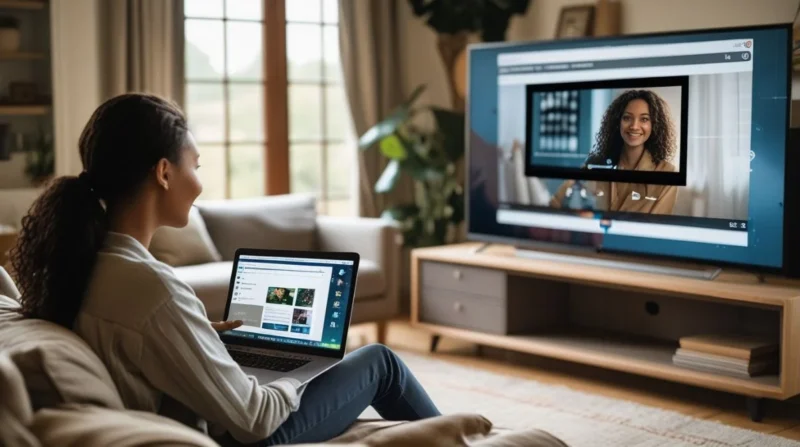 Person casting laptop screen to a large TV in a cozy living room