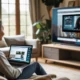 Person casting laptop screen to a large TV in a cozy living room