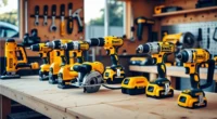 Dewalt powertools including drills, saws, and impact drivers arranged on a workshop table