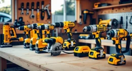 Dewalt powertools including drills, saws, and impact drivers arranged on a workshop table