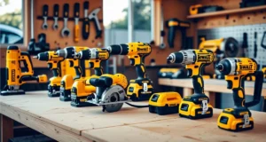 Dewalt powertools including drills, saws, and impact drivers arranged on a workshop table