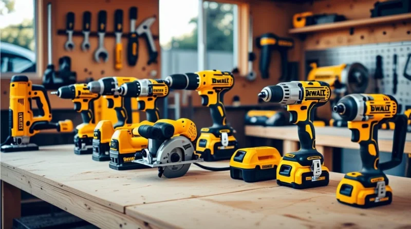 Dewalt powertools including drills, saws, and impact drivers arranged on a workshop table