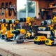 Dewalt powertools including drills, saws, and impact drivers arranged on a workshop table