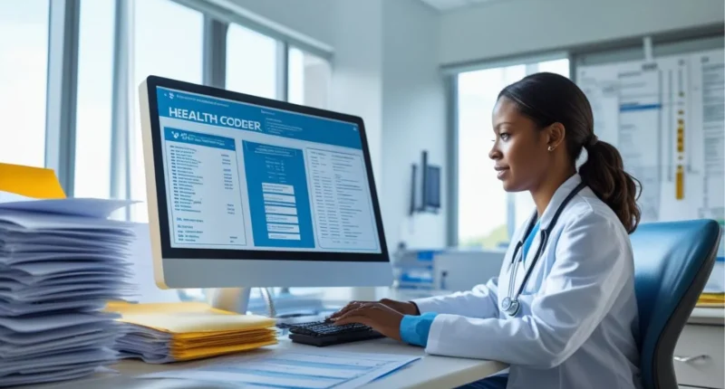 Medical coder working on hospital billing and health codes at a computer in a healthcare office.