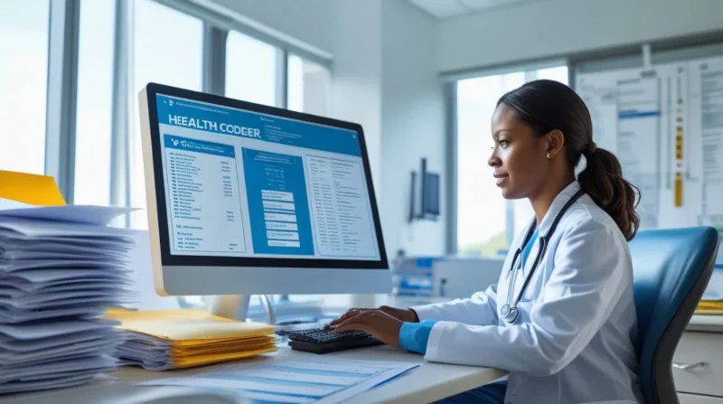 Medical coder working on hospital billing and health codes at a computer in a healthcare office.