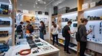 Inside Jaycar Electronics Melbourne CBD store showing shelves of components, tools, and DIY electronics kits with customers exploring products.