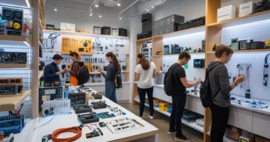 Inside Jaycar Electronics Melbourne CBD store showing shelves of components, tools, and DIY electronics kits with customers exploring products.