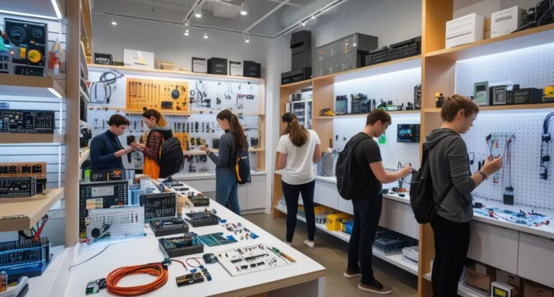 Inside Jaycar Electronics Melbourne CBD store showing shelves of components, tools, and DIY electronics kits with customers exploring products.
