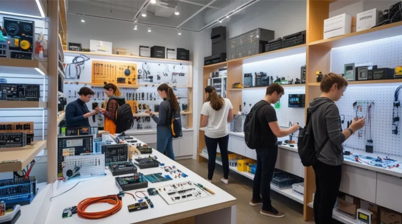 Inside Jaycar Electronics Melbourne CBD store showing shelves of components, tools, and DIY electronics kits with customers exploring products.