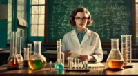 chemistry classroom scene. A confident female scientist in a 1960s lab coat stands at a blackboard filled with colorful chemical funnels.