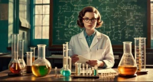 chemistry classroom scene. A confident female scientist in a 1960s lab coat stands at a blackboard filled with colorful chemical funnels.
