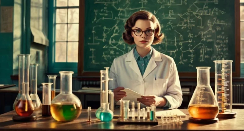 chemistry classroom scene. A confident female scientist in a 1960s lab coat stands at a blackboard filled with colorful chemical funnels.