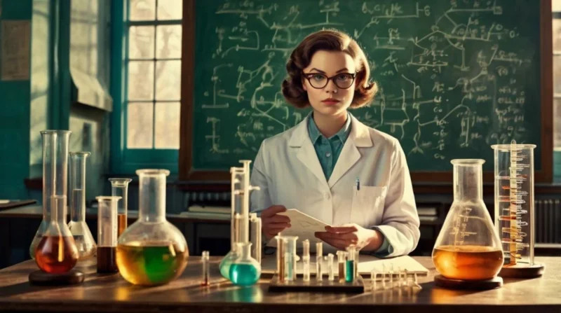 chemistry classroom scene. A confident female scientist in a 1960s lab coat stands at a blackboard filled with colorful chemical funnels.
