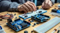 Beginner assembling an Arduino Starter Kit with a board, breadboard, LEDs, and electronic components on a desk.