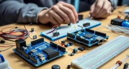 Beginner assembling an Arduino Starter Kit with a board, breadboard, LEDs, and electronic components on a desk.