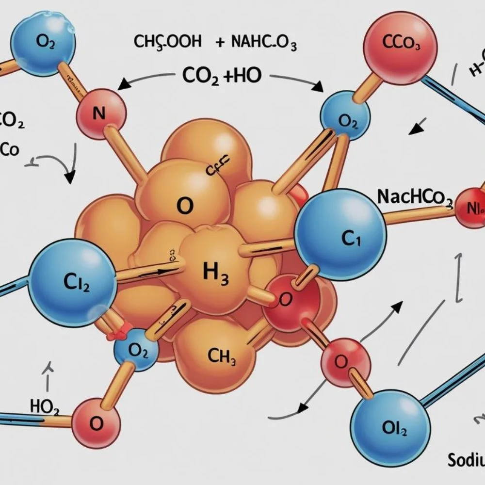 CH₃COOH + NaHCO₃ → CO₂ + H₂O + NaCH₃COO chemical reaction bubbles.