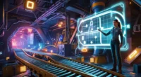 Engineer solving magnetic cube puzzle in futuristic underground mine with glowing machinery and conveyor belts in Wuthering Waves.