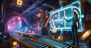 Engineer solving magnetic cube puzzle in futuristic underground mine with glowing machinery and conveyor belts in Wuthering Waves.