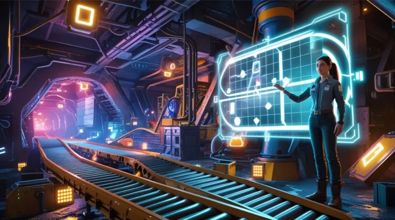 Engineer solving magnetic cube puzzle in futuristic underground mine with glowing machinery and conveyor belts in Wuthering Waves.