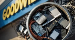 Goodwill Electronics Recycling bin filled with old gadgets like keyboards, cables, and phones
