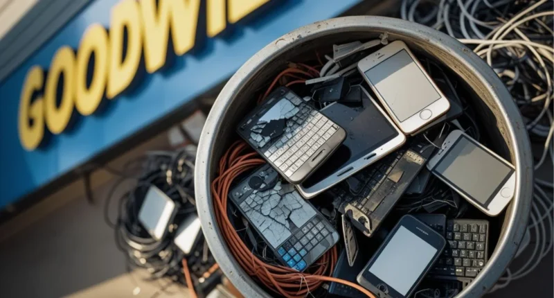 Goodwill Electronics Recycling bin filled with old gadgets like keyboards, cables, and phones