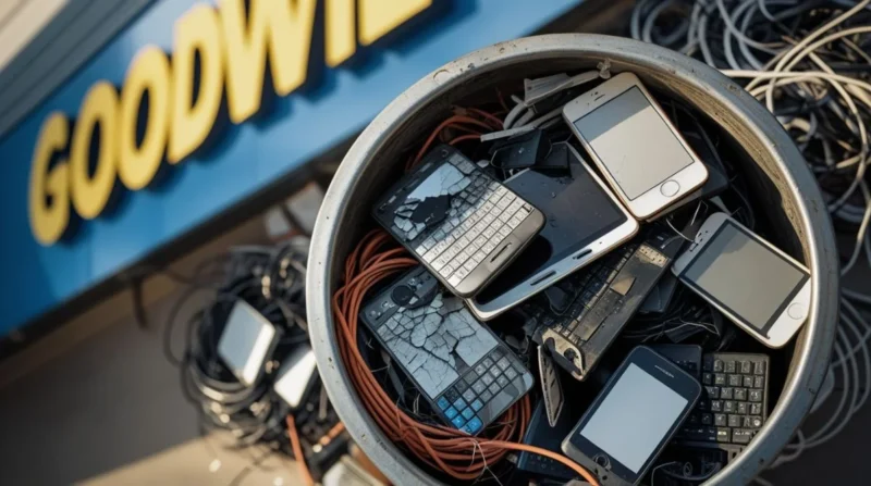 Goodwill Electronics Recycling bin filled with old gadgets like keyboards, cables, and phones