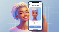 Mobile screen showing buzz cut filter with AI-generated short hairstyle
