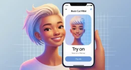 Mobile screen showing buzz cut filter with AI-generated short hairstyle