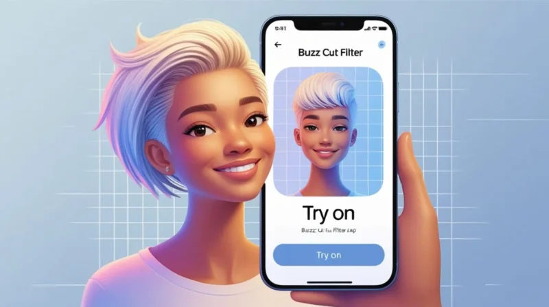 Mobile screen showing buzz cut filter with AI-generated short hairstyle