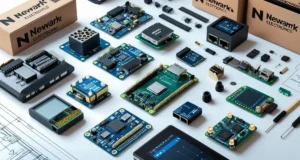 Newark Electronics components and tools on a desk.