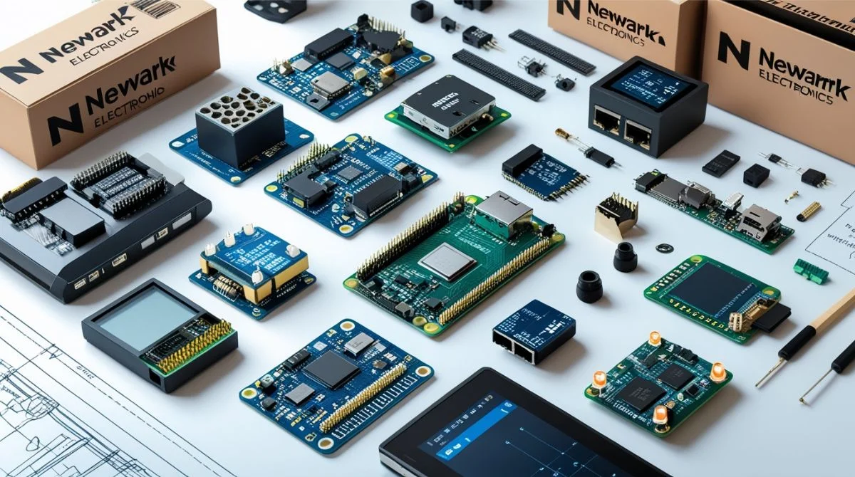 Newark Electronics components and tools on a desk.
