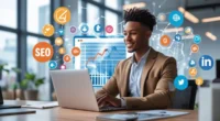 Digital marketing strategist planning campaigns with laptop