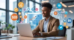 Digital marketing strategist planning campaigns with laptop