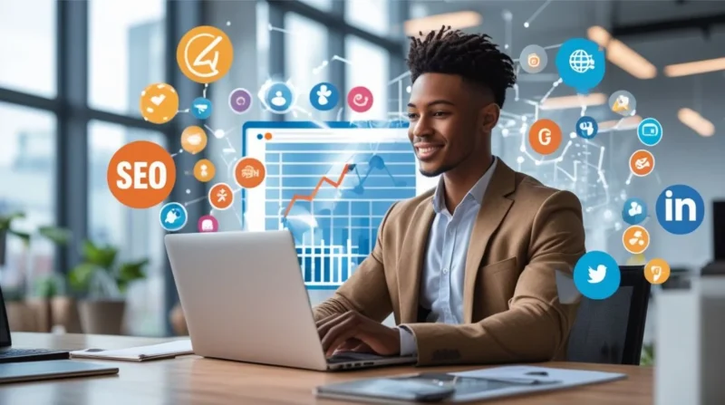 Digital marketing strategist planning campaigns with laptop