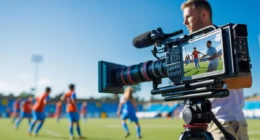 Videographer filming sports game with camera on tripod