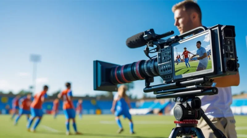 Videographer filming sports game with camera on tripod